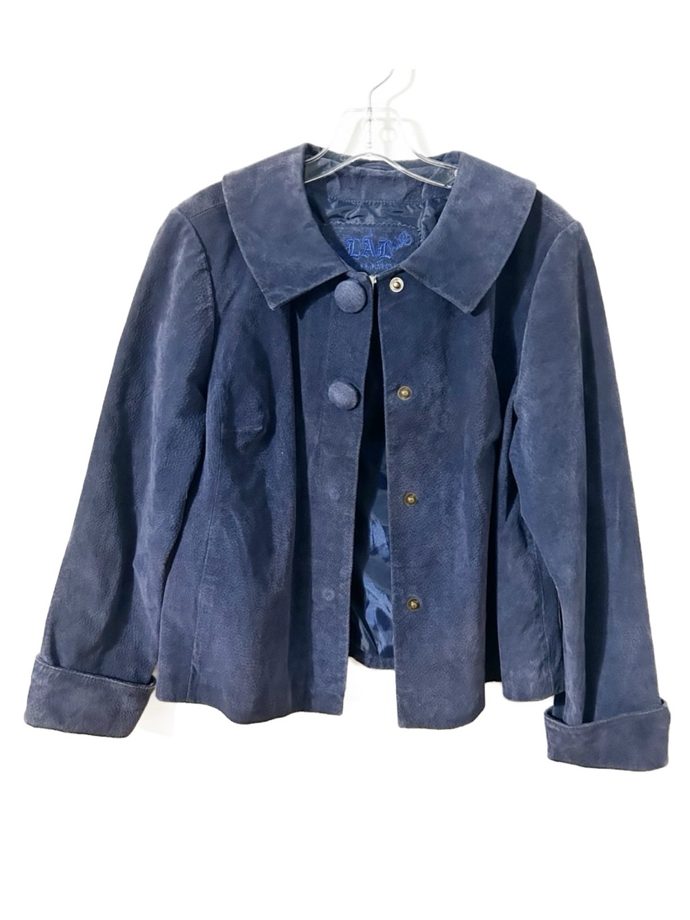 Live A Little LAL Navy Blue Leather Suede Jean Style Jacket Round Collar Size M